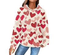 Sudadera de punto gofre para mujer, diseño de corazones, talla grande, elegante, ajuste relajado, manga larga, con bolsillo, beige, L