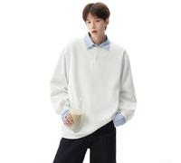 Sudadera de solapa de estilo coreano para hombre, manga larga, falsa de dos piezas, para universidad, casual, ajuste regular, color sólido, para primavera y otoño (L blanco)