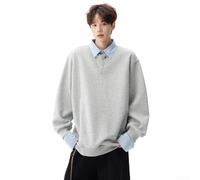 Sudadera de solapa de estilo coreano para hombre, manga larga, falsa de dos piezas, para universidad, casual, ajuste regular, color sólido, para primavera y otoño (gris L)