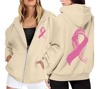 Sudadera deportiva informal de manga larga con cremallera y bolsillos para mujer, con mensaje sobre la concienciación sobre el cáncer de mama y cordón ajustable Sudadera Alien Mujer (Khaki, XXL)
