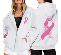 Sudadera deportiva informal de manga larga con cremallera y bolsillos para mujer, con mensaje sobre la concienciación sobre el cáncer de mama y cordón ajustable Sudadera Alien Mujer (White, XXL)