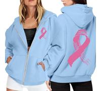 Sudadera deportiva informal de manga larga con cremallera y bolsillos para mujer, con mensaje sobre la concienciación sobre el cáncer de mama y cordón ajustable Sudadera Alien Mujer (Light Blue, XXL)