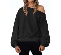 Sudadera genérica para mujer, 2025, diseño nuevo, manga larga, hombros inclinados, cuello redondo, color liso, sudadera, ropa superior, ropa para otoño e invierno, primavera, suave, Negro , XXL
