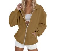 Sudadera genérica para mujer sin capucha con cremallera - Camiseta para mujer Oversize Tops con dos bolsillos altos, color puro, capa otoñal, invierno, camisa de manga larga, camisa con cuello rapeado