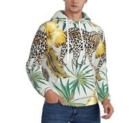 Sudadera informal con capucha para hombre con estampado de leopardo y hojas de palma, forro polar fino, manga larga, holgada, con cordón y bolsillo canguro para entrenamiento, Negro, XXL