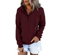 Sudadera larga con capucha para mujer, casual, con bolsillo, manga con botones, cuello en V, sudaderas con capucha para mujer, sudadera con capucha de vaca loca, Vino, XL