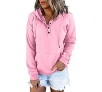 Sudadera larga con capucha para mujer, casual, con bolsillo, manga con botones, cuello en V, sudaderas con capucha para mujer, sudadera con capucha de vaca loca, rosa, L