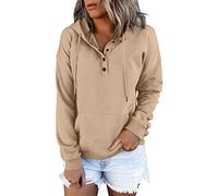 Sudadera larga con capucha para mujer, casual, con bolsillo, manga con botones, cuello en V, sudaderas con capucha para mujer, sudadera con capucha de vaca loca, caqui, XL