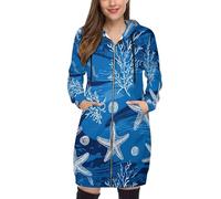 Sudadera Larga con Capucha Y Cremallera para Mujer - Estrella Mar Y Arrecife Coral Abrigo Otoño Invierno Talla Grande Hoodie con Cordón Y Bolsillos,Estampado Elementos Ilustración Náutica S-5Xl