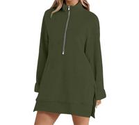 Sudadera larga de color sólido con media cremallera y cuello alto para mujer, moderna y simple, con abertura, holgada, con bolsillo, sudadera de gran tamaño para mujer, verde, M