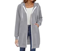 Sudadera larga mujer con cremallera y capucha Cardigan Hoodie Casual Ligero Cómodo Sweatshirt Doble Cremallera Chaqueta Sudadera de Manga Larga Oversize Abrigo con Bolsillos Color Sólido para Otoño