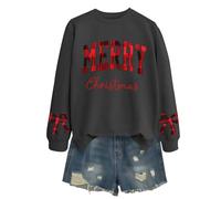 Sudadera lisa envejecida de Navidad para mujer, con parche de purpurina, suéter bordado a rayas para otoño e invierno, Sudaderas de cuello redondo gris oscuro para mujer, S