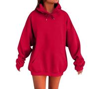 Sudadera Mujer Con Capucha De Gran Tamaño Top De Manga Larga Vestido De Color Sólido, rojo, 3XL