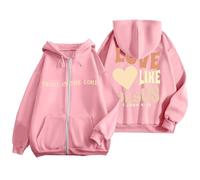 Sudadera Mujer Cremallera, Sudaderas Mujer Con Capucha Con Bolsillos Y Cordón Simple Corazón Letras Impresas Moda Casual Abrigo Deporte Manga Larga Corte Regular Cómodos Suelto Salvaje Top Abrigo