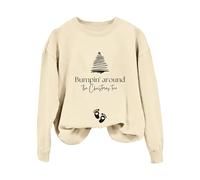 Sudadera Mujer sin Capucha Estilo Minimalista Sudadera con Capucha sin Mangas y Hombros Descubiertos con Estampado de árbol de Navidad y en inglés de Color sólido para Mujer (1) (Beige, M)