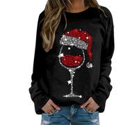 Sudadera Navideña Mujer Invierno con Estampado de Copa de Vino y Gorro de Papá Noel, Sudadera Navidad Mujer Elegante y Cálida para Fiesta y Diario