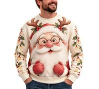 Sudadera navideña para hombre, color crema, con Papá Noel y cuernos de reno | Construcción de poliéster, cuello redondo y mangas largas, cara de Papá Noel con cuernos, manoplas rojas y patrón festivo de