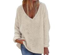 Sudadera negra con cuello en V para mujer, suéter de Navidad, suéter de punto de algodón del Reino Unido, tops de verano para mujer, suéteres de manga larga, beige, 3XL