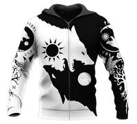 Sudadera Nórdica Fenrir Yin Yang Wolf, Unisex Viking Novelty Harajuku Sudadera con Capucha Odin Wolf Impresa en 3D, Chaqueta de Manga Larga con Cordón de Otoño e Invierno(Zip Hoodie,XXL)