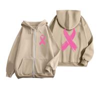 Sudadera Octubre Rosa Otoño Invierno Cálido Sudadera con Capucha Mujer con Cremallera Impreso Cinta Rosa Cáncer de Mama Chaqueta Media Temporada Deporte Casual Sudaderas Oversize Sudaderas, Chalecos y