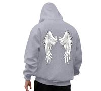 Sudadera para hombre con capucha y alas traseras estampadas para adultos, con capucha grande, diseño de ángel con capucha y capucha para mujer Streetwear con capucha y estilo retro, gris claro, XL