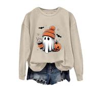 Sudadera para mujer, camisas de Halloween para mujer, sudadera con estampado de fantasma, manga larga, informal, suelta, cuello redondo, sin capucha, informal, divertida, parte superior, beige, L