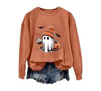 Sudadera para mujer, camisas de Halloween para mujer, sudadera con estampado de fantasma, manga larga, informal, suelta, cuello redondo, sin capucha, informal, divertida, parte superior, naranja, XL