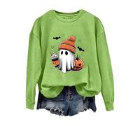 Sudadera para mujer, camisas de Halloween para mujer, sudadera con estampado de fantasma, manga larga, informal, suelta, cuello redondo, sin capucha, informal, divertida, parte superior, verde, XL
