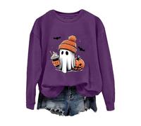 Sudadera para mujer, camisas de Halloween para mujer, sudadera con estampado de fantasma, manga larga, informal, suelta, cuello redondo, sin capucha, informal, divertida, parte superior, morado, L
