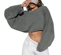 Sudadera para mujer, color sólido, cuello redondo, manga corta, camiseta deportiva, jersey de punto, camiseta de manga larga para mujer, gris, XL