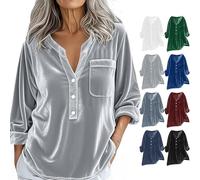 Sudadera para mujer con cuello largo en V sin capucha terciopelo dorado de manga larga larga con botón y bolsillo para todos los días Top Casual Tops Túnica caliente Sudaderas, azul oscuro, S