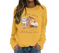 Sudadera para mujer con diseño otoñal - Jersey de manga larga con estampado de calabaza | Parte superior acogedora para la temporada de calabaza, Style_j05 Amarillo, L