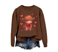 Sudadera para mujer con estampado de vaca country, cuello redondo, manga larga, sin capucha, estilo occidental, suéter Highland Cow Giving Heart Hand Shield Lovely Animal Divertido Chocolate Valentine