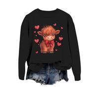 Sudadera para mujer con estampado de vaca country, cuello redondo, manga larga, sin capucha, estilo occidental, suéter Highland Cow Giving Heart Hand Shield Lovely Animal Divertido Chocolate Valentine