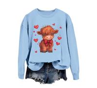 Sudadera para mujer con estampado de vaca country, cuello redondo, manga larga, sin capucha, estilo occidental, suéter Highland Cow Giving Heart Hand Shield Lovely Animal Divertido Chocolate Valentine