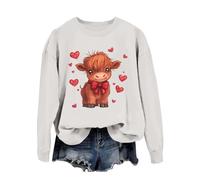 Sudadera para mujer con estampado de vaca country, cuello redondo, manga larga, sin capucha, estilo occidental, suéter Highland Cow Giving Heart Hand Shield Lovely Animal Divertido Chocolate Valentine