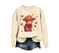 Sudadera para mujer con estampado de vaca country, cuello redondo, manga larga, sin capucha, estilo occidental, suéter Highland Cow Giving Heart Hand Shield Lovely Animal Divertido Chocolate Valentine