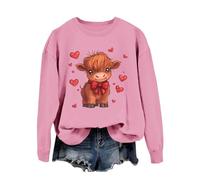 Sudadera para mujer con estampado de vaca country, cuello redondo, manga larga, sin capucha, estilo occidental, suéter Highland Cow Giving Heart Hand Shield Lovely Animal Divertido Chocolate Valentine