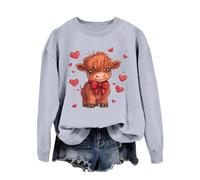 Sudadera para mujer con estampado de vaca country, cuello redondo, manga larga, sin capucha, estilo occidental, suéter Highland Cow Giving Heart Hand Shield Lovely Animal Divertido Chocolate Valentine