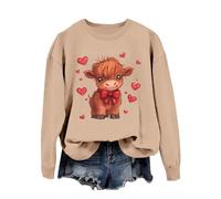 Sudadera para mujer con estampado de vaca country, cuello redondo, manga larga, sin capucha, estilo occidental, suéter Highland Cow Giving Heart Hand Shield Lovely Animal Divertido Chocolate Valentine