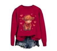 Sudadera para mujer con estampado de vaca country, cuello redondo, manga larga, sin capucha, estilo occidental, suéter Highland Cow Giving Heart Hand Shield Lovely Animal Divertido Chocolate Valentine