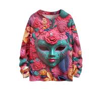 Sudadera para mujer con gráfico de gran tamaño, máscara de celebración de Mardi Gras, cuello redondo, casual, manga larga, ajuste holgado, cómoda, a la moda, para carnaval, invierno, otoño, rosa, XL