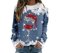 Sudadera para mujer con texto "Merry Christmas", cuello redondo, cuello redondo, camiseta informal, manga larga, camiseta de entrenamiento, blusa holgada, azul, L