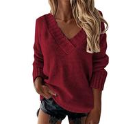 Sudadera para mujer, cuello en V, jersey de malla, chenilla, transpirable, sudadera elegante, manga larga, tops de color puro, sudadera informal, tops al aire libre, cómoda sudadera, Vino, XXL