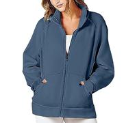 Sudadera para mujer sin capucha, chaqueta de manga larga monocolor, con cremallera, cuello alto, abrigo holgado, chaqueta de invierno, chaqueta de entretiempo con bolsillo, chaquetas de mujer, azul