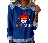 Sudadera para mujer, sin capucha, cuello camisa, efecto 2 en 1, sudaderas para mujer, estampado de vaqueros, jersey de gran tamaño, estampado de gorro de payaso del Carnaval y "Kölsch" para Mi