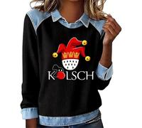 Sudadera para mujer, sin capucha, cuello camisa, efecto 2 en 1, sudaderas para mujer, estampado de vaqueros, jersey de gran tamaño, estampado de gorro de payaso del Carnaval y "Kölsch" para Mi