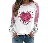 Sudadera para mujer sin capucha, patchwork, parte superior con estampado de corazones de San Valentín, suave y acogedora, jersey de manga larga, cuello redondo, informal, camiseta larga para mujer, O