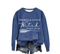 Sudadera para mujer There's A Little Witch In All of Us. Sudadera con estampado de monograma de Halloween Witch cuello redondo sin capucha para mujer, azul, L