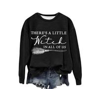 Sudadera para mujer There's A Little Witch In All of Us. Sudadera con estampado de monograma de Halloween Witch cuello redondo sin capucha para mujer, Negro, L